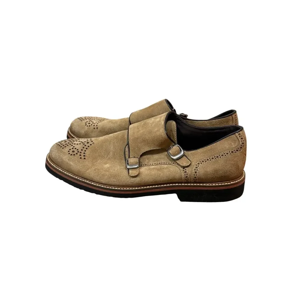 Martin Dingman Double Monk Strap Suede Shoes Mens 10 Tan Wingtip Vibram Lug Sole